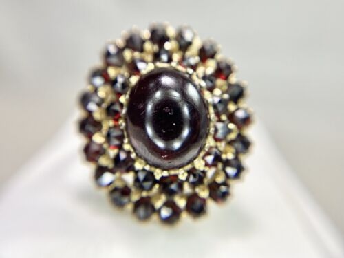 Vintage 14k Yellow Gold Natural Oval Round Garnet German Big Cocktail Ring