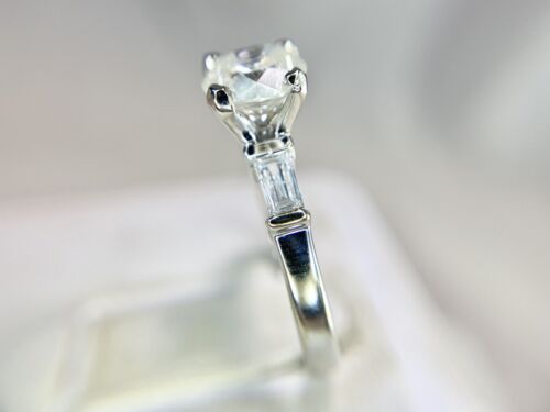 Vintage 18k White Gold Natural Round Baguette Shape Diamond Engagement Ring