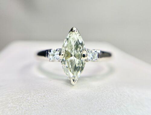 Art Deco Platinum Marquise Shape Round Natural Diamond Engagement Ring