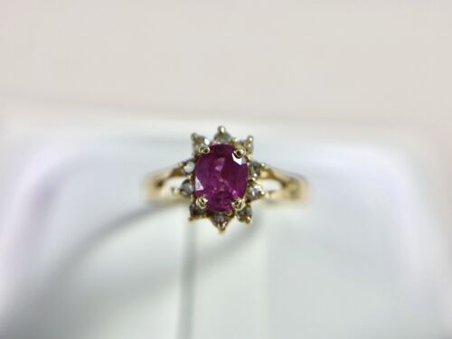 Vintage 14k Yellow Gold Natural Oval Red Ruby Round Diamond Halo Ballerina Ring