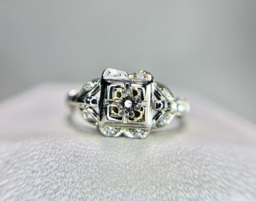 Vintage Art Deco 18k White Gold Round Single Cut Diamond Small Engagement Ring