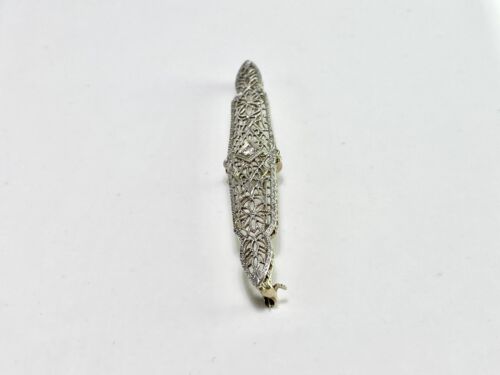 Vintage Art Deco 14k White Gold Natural Old European Diamond Filigree Pin Brooch