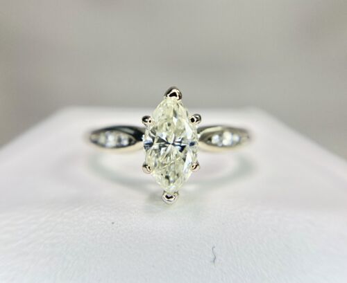 14k White Gold Designer Natural Marquise Cut Round Diamond Engagement Ring