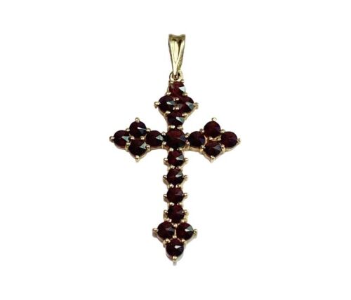 Vintage 14k Yellow Gold Natural Round Rhodolite Garnet Cross Pendant