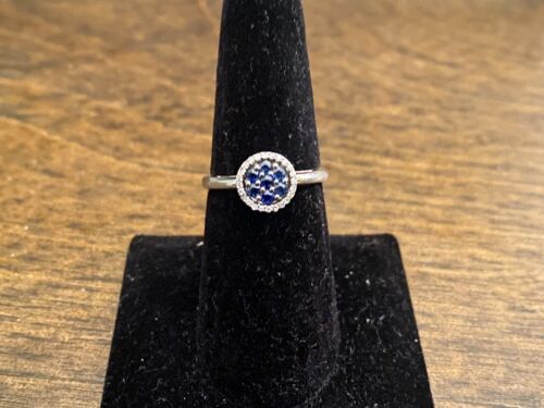 10k White Gold Designer Natural Round Blue Sapphire Diamond Halo Cocktail Ring