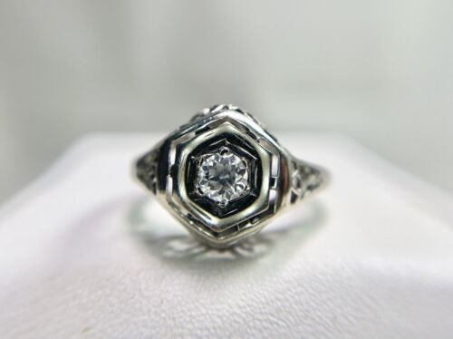 Vintage Art Deco 14k White Gold Natural Old European Diamond Filigree Ring