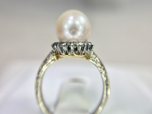 Art Deco 14k Yellow Gold Old European Diamond Round White Pearl Filigree Ring