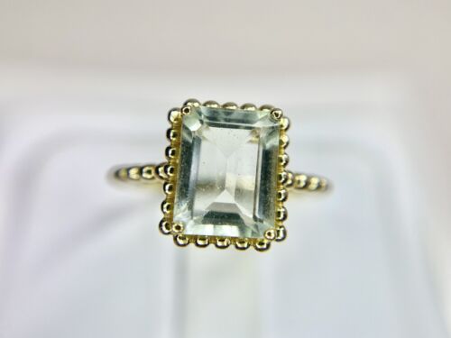 10k Yellow Gold Designer Signed Emerald Cut Light Blue Aquamarine Ring