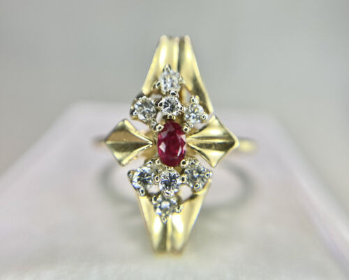 Vintage 14k Yellow Gold Natural Oval Red Ruby Round Diamond Long Cocktail Ring