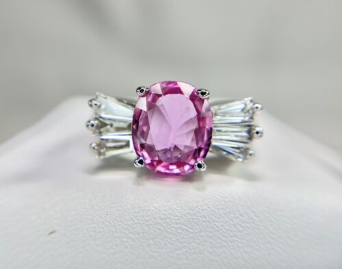 14k White Gold Natural Oval Pink Sapphire Baguette Diamond GIA Certified Ring