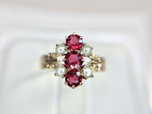 Victorian 10k Rose Gold Red Garnet Round White Seed Pearl Small Cocktail Ring