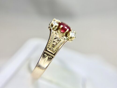 Vintage Victorian Era 10k Rose Gold Natural Red Ruby Round Diamond Ring