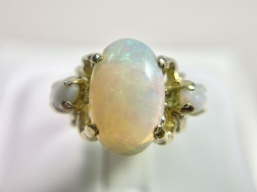 Vintage 14k Yellow Natural Oval Ethiopian White Opal Big Filigree Cocktail Ring