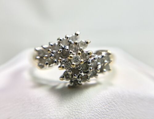 Vintage 14k Yellow Gold Natural Round Brilliant Diamond Cluster Bypass Ring