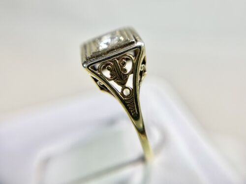 Art Deco 14k Yellow Gold Old European Diamond Filigree Small Cocktail Ring