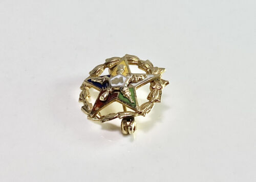 Vintage 10k Yellow Gold Eastern Star Free Mason Enamel Small Pin Brooch