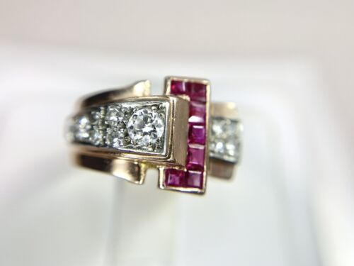 Vintage Art Deco 14k Rose Gold Old Cut Diamond Red Ruby Cocktail Ring