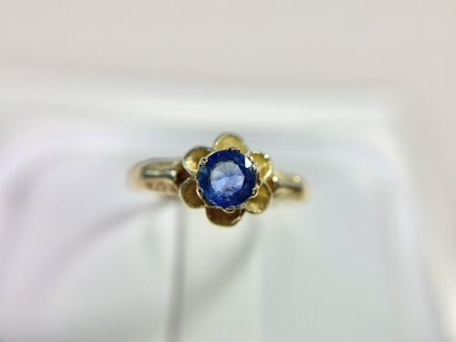 Art Deco 14k Yellow Gold Natural Round Blue Sapphire Flower Solitaire Ring