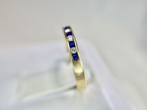 14k Yellow Gold Natural Blue Sapphire Round Diamond Wedding Band Stack Ring