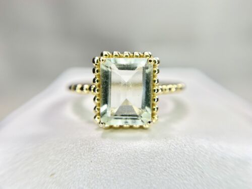 10k Yellow Gold Designer Signed Emerald Cut Light Blue Aquamarine Ring