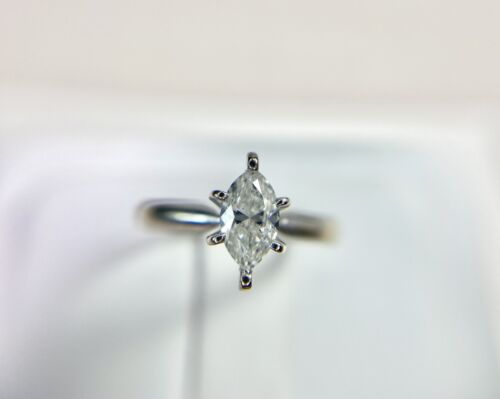 Vintage 14k White Gold Natural Marquise Shape Diamond Solitaire Engagement Ring