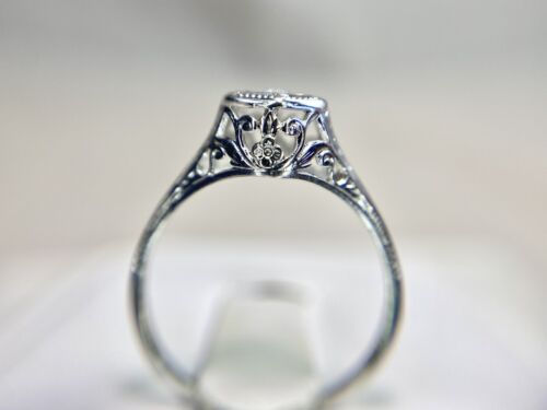 Art Deco 14k White Gold Natural Round Small Diamond Filigree Engagement Ring