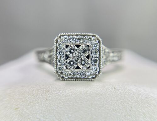 14k White Gold Natural Round Diamond Cluster Halo Engagement Ring