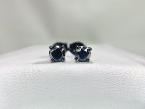 Vintage 14k White Gold Black Natural Round Brilliant Black Diamond Stud Earrings