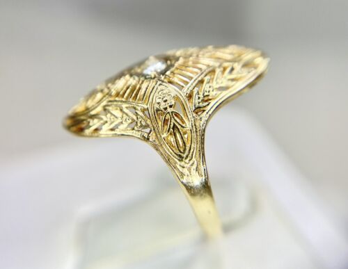 Vintage Art Deco 14k Yellow Gold Round Diamond Filigree Shield Ring