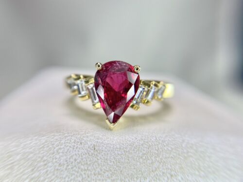 18k Yellow Gold Natural Pear Shape Red Rhodolite Garnet Baguette Diamond Ring 