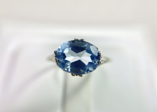 Vintage Art Deco 14k White Gold Oval Shape Blue Topaz Filigree Solitaire Ring