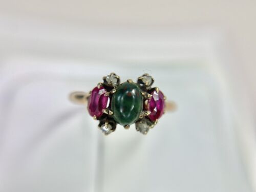 Victorian Vintage 10k Rose Gold Natural Oval Green Gemstone Round Diamond Ring