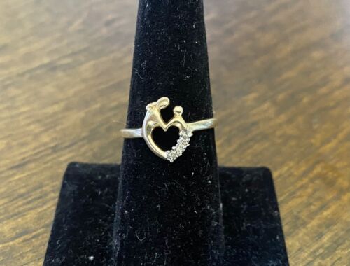 Vintage 10k Yellow Gold Natural Round Diamond Mother Child Heart Shape Ring