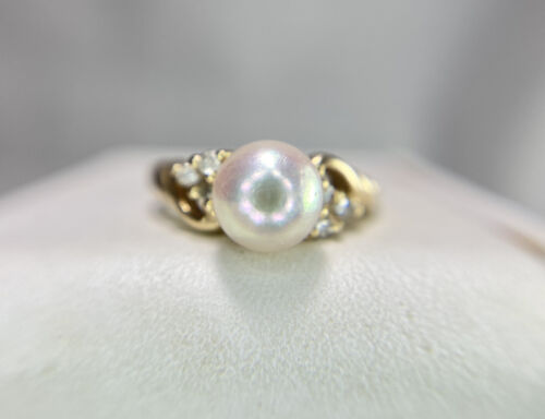 Vintage 10k Yellow Gold Round White Cultured Pearl Natural Diamond Ring