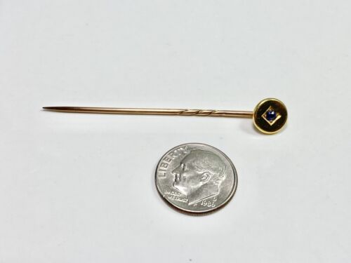 Vintage Art Deco 18k Yellow Gold Natural Small Round Blue Sapphire Stick Pin