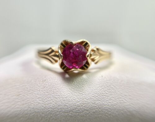 Vintage Soviet 14k Rose Gold Round Old Cut Pink Gemstone Solitaire Ring