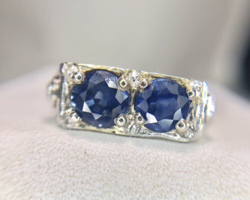 Art Deco Platinum Round Double Blue Sapphire Old European Diamond Filigree Ring