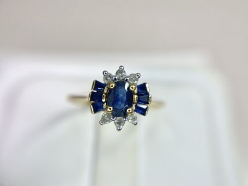 Vintage 14k Yellow Gold Natural Oval Blue Sapphire Round Single Cut Diamond Ring