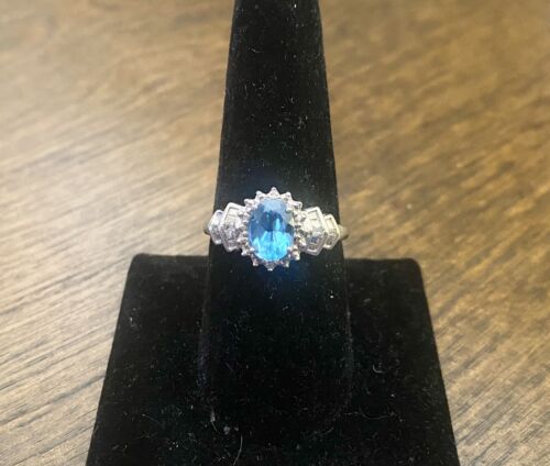 Vintage 10k White Gold Oval Blue Topaz Baguette Round Diamond Halo Cocktail Ring