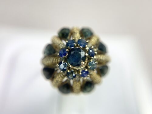 Vintage 10k Yellow Gold Natural Pear Shape Round Blue Sapphire Cocktail Ring