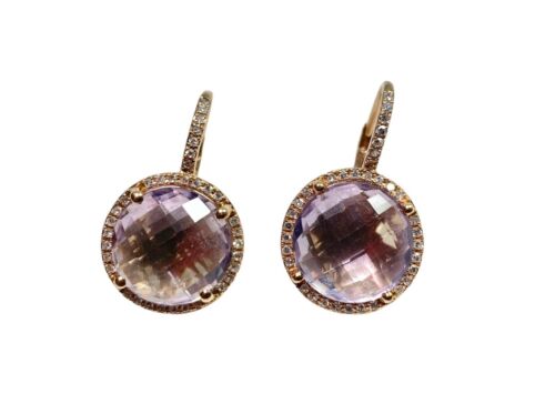 14k Rose Gold Designer Round Purple Amethyst Natural Diamond Halo Earrings