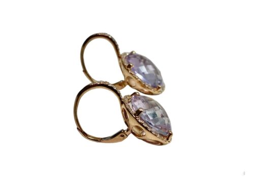 14k Rose Gold Designer Round Purple Amethyst Natural Diamond Halo Earrings