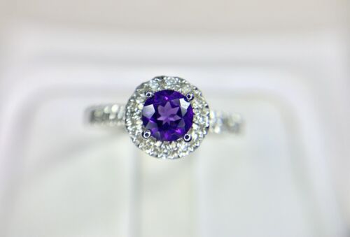 10k White Gold Natural Round Purple Amethyst Diamond Halo Engagement Ring