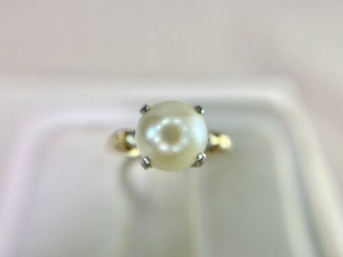 Vintage 14k Yellow Gold Akoya Cultured White Big Round Pearl Solitaire Ring