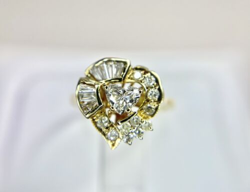 Vintage 14k Yellow Gold Natural Heart Shape Baguette Cut DIamond Cocktail Ring