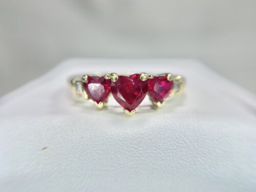 Vintage 10k Yellow Gold Lab Created Heart Shape Pink Ruby Round Diamond Ring