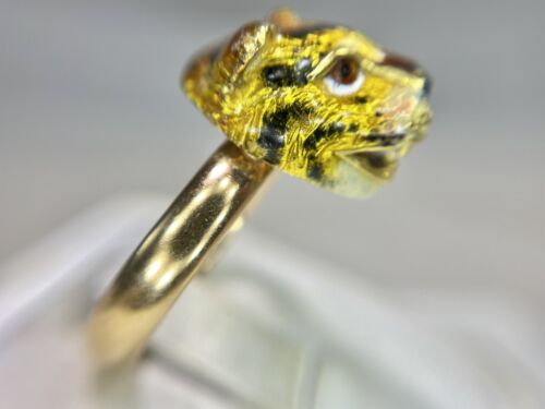 Vintage 14k Rose Gold Signed Designer Tiger Head Enamel Big Cocktail Ring