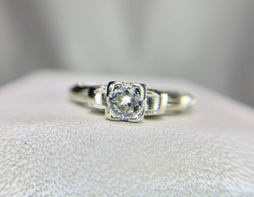 Vintage Art Deco 14k White Gold Round Old European Diamond Engagement Ring 1/3 