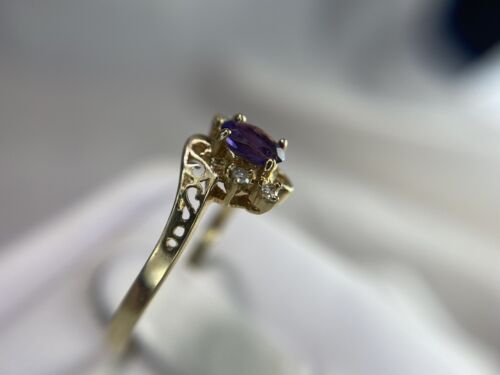 14k Yellow Gold Oval Purple Amethyst Round Diamond Filigree By-Pass Ring