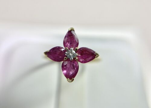 Vintage 14k Yellow Gold Pear Shape Red Ruby Round Diamond Flower Ring